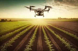 agronomist drone flying over large field with sprouting crops and examining them